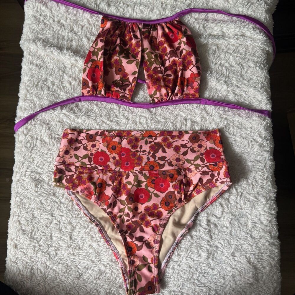 Venice Rani Swimwear Pink Floral High Waisted Bottom Two Piece Bikini Small NWT